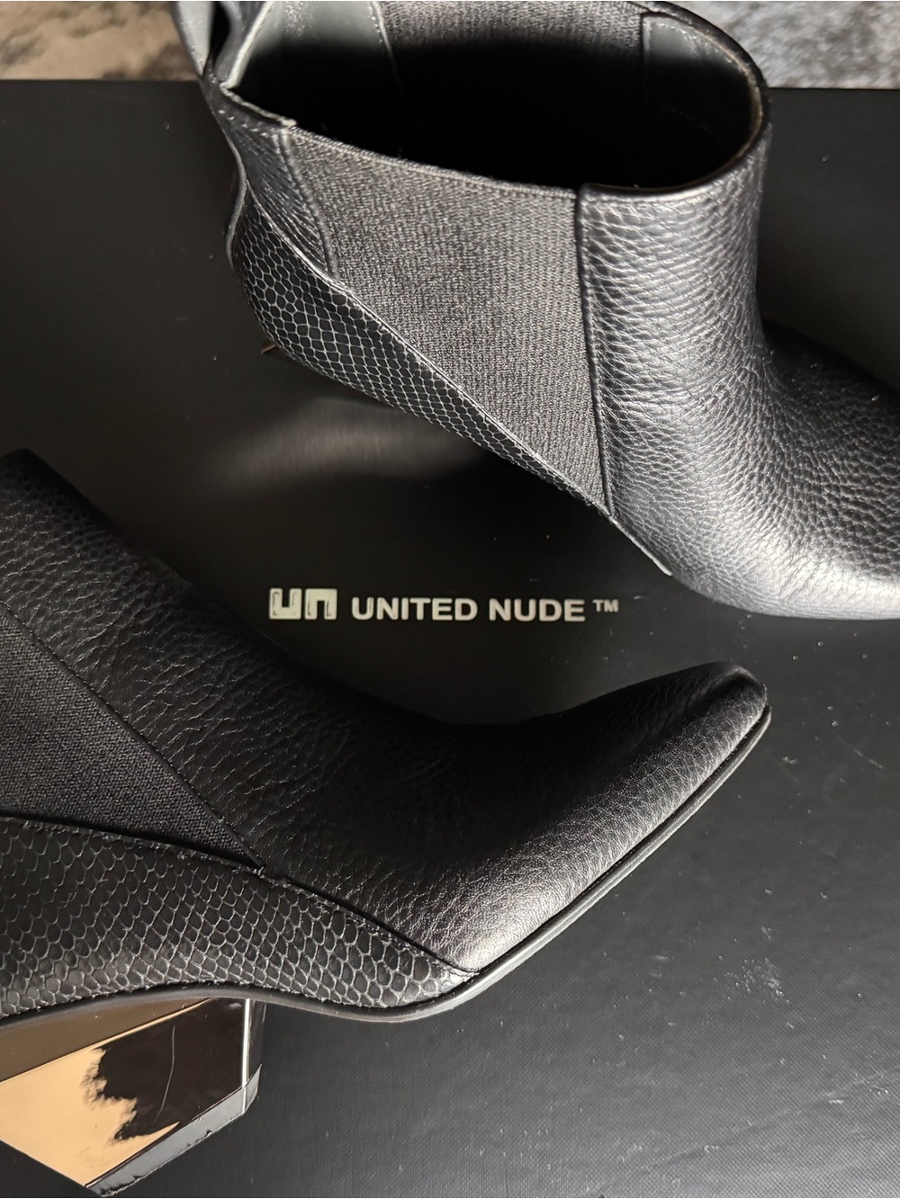 United Nude Black Textured Leather Pointed Ankle Booties